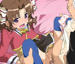  1girl bed blue_legwear blush brown_hair censored clothed_sex hair_ribbon lying matantei_loki_ragnarok oekaki ooshima_reiya open_mouth penis purple_eyes pussy ribbon sex short_hair solo_focus spread_legs tears thighhighs tomu_(tomubobu) tomubobu 