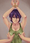  1girl angry breast_grab breasts cleavage grabbing groping large_breasts purple_hair restrained short_hair tank_top tied tied_up tomoshiki 