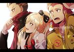  2boys backlighting blonde_hair bow braid danganronpa hair_bow hat heterochromia jacket long_hair multicolored_hair multiple_boys open_mouth pink_eyes pink_hair ponytail puffy_sleeves rena_(renasight) ribbon scar scarf scarf_over_mouth sharp_teeth short_hair sleeves_rolled_up sonia_nevermind souda_kazuichi super_danganronpa_2 tanaka_gandamu teeth 