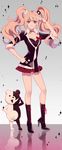  acelolo bad_id bad_pixiv_id blue_eyes danganronpa danganronpa_1 enoshima_junko highres legs long_hair long_legs monokuma necktie pink_hair ribbon salute sleeves_rolled_up solo spoilers twintails 