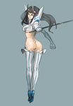  ass back bad_id bad_pixiv_id black_hair blue_eyes boots dimples_of_venus elbow_gloves frown gloves hair_ornament high_heel_boots high_heels highres hirundo_rustica junketsu kill_la_kill kiryuuin_satsuki long_hair midriff revealing_clothes reverse_grip solo sword thigh_boots thighhighs weapon 