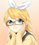  bespectacled blonde_hair blue_eyes glasses hair_ribbon halftone halftone_background hands_on_own_cheeks hands_on_own_face kagamine_rin light_smile looking_at_viewer mogggggge nail_polish outline ribbon short_hair solo upper_body vocaloid 