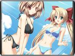  2girls bikini blonde_hair blue_eyes breasts brown_hair game_cg genderswap kyoukaisen_no_hate long_hair multiple_girls red_eyes shiori_agi short_hair swimsuit twintails very_long_hair yuuhi_murasame 