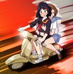  :3 black_hair blue_eyes blue_sailor_collar blue_skirt blush breast_grab breasts brown_hair closed_eyes grabbing ground_vehicle kill_la_kill mankanshoku_mako matoi_ryuuko medium_breasts motor_vehicle multicolored_hair multiple_girls navel raybar sailor_collar school_uniform scooter senketsu serafuku short_hair skirt smile suspenders two-tone_hair weapon yuri 