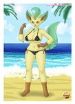  anthrofied beach big_breasts bikini breasts canine cleavage clothed clothing eeveelution female fur hair leafeon long_hair looking_at_viewer mammal nintendo open_mouth pok&#233;mon pussy seaside shinn skimpy smile solo swimsuit text video_games 