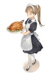  apron brown_eyes brown_hair dress food highres kureta_(nikogori) long_hair maid maid_headdress mary_janes original pantyhose ponytail scrunchie shoes solo tray turkey_(food) 