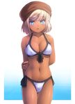  arms_behind_back bad_id bad_pixiv_id bikini blonde_hair blue_eyes breasts cabbie_hat cleavage cowboy_shot dark_skin front-tie_top hat holding_arm komimiyako looking_at_viewer medium_breasts navel parted_lips power_pro_kun_pocket shiny shiny_skin short_hair side-tie_bikini smile solo swimsuit takeuchi_miina thigh_gap water 