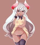  blush_stickers bow bowtie dark_skin grey_hair hand_on_own_face horns long_hair lowleg lowleg_panties navel no_nose open_mouth original panties red_eyes shirt_lift sleeveless solo thigh_gap thighhighs underwear wristband yuuki_(yuyuki000) 