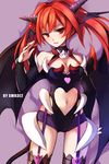  :3 :d arm_behind_back artist_name bad_id bad_pixiv_id bangs bare_shoulders bat_wings blush breasts bridal_gauntlets cleavage cleavage_cutout cowboy_shot demon_girl demon_tail elsword fishnet_legwear fishnets garter_straps halterneck head_wings heart heart_cutout heart_print highleg highleg_leotard highres horns karis_(elsword) leotard long_hair looking_at_viewer medium_breasts midriff navel navel_cutout neon_trim open_mouth purple_background red_eyes red_hair short_shorts shorts smile solo spikes standing succubus swd3e2 tail thighhighs turtleneck twintails wings 