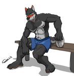  5_toes abs anthro biceps black_nose canine chestnuts_(artist) claws clothing fur grey_eyes grey_fur grin looking_at_viewer male mammal muscles nipples pawpads paws pecs plain_background pose red_fur shorts sitting smile solo toe_claws toes topless white_background 