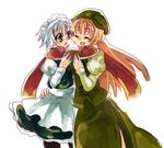  apron bangs blush breast_press closed_eyes eyebrows eyebrows_visible_through_hair green_eyes hair_between_eyes hat hong_meiling izayoi_sakuya long_hair long_sleeves maid_apron maid_headdress multiple_girls open_mouth pantyhose puffy_sleeves red_hair red_scarf scarf sharing_food short_hair silver_hair sleeves_past_wrists smile star symmetrical_docking touhou yuri zipdeyaruo 