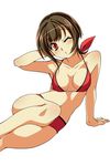  arm_support arm_up bikini breasts brown_hair cleavage hand_behind_head highres looking_at_viewer medium_breasts one_eye_closed original oyuki_(otozuki_mozuku) red_eyes short_hair sitting solo swimsuit 