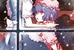  aloin.g apron bad_id bad_pixiv_id bat_wings fangs head_out_of_frame highres izayoi_sakuya lavender_hair maid_apron multiple_girls red_eyes remilia_scarlet scarf scarf_tying short_hair snow snowing touhou window wings 