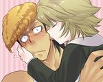  blush brown_hair closed_eyes danganronpa danganronpa_1 fujisaki_chihiro licking long_hair male_focus multiple_boys oowada_mondo otoko_no_ko purple_eyes watarizora_tsubamemaru 