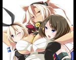  blonde_hair breasts budget_sarashi dark_skin girl_sandwich glasses hair_ornament kantai_collection kichihachi large_breasts long_hair maya_(kantai_collection) multiple_girls musashi_(kantai_collection) pillarboxed pointy_hair red_eyes sandwiched sarashi shimakaze_(kantai_collection) simple_background smile underboob white_background wince x_hair_ornament 