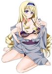  ao_(time-leap) bare_shoulders barefoot blonde_hair blue_eyes blue_hairband blush breasts cecilia_alcott curly_hair full_body hairband highres infinite_stratos large_breasts long_hair nipples revision see-through simple_background sitting solo undressing wariza white_background 