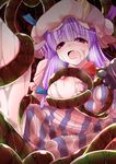  bow bowtie breasts crescent crescent_hair_ornament crying doburoku_(daiginjou) dress hair_ornament hat highres huge_breasts long_hair mob_cap nipples patchouli_knowledge purple_eyes purple_hair rape ribbon solo striped striped_dress tears tentacles touhou vertical_stripes 