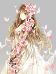  blush brown_eyes brown_hair bug butterfly dress elbow_gloves fishnet_gloves fishnets flower gloves grey_background hagiwara_rin hair_flower hair_ornament insect jewelry leaf long_hair necklace one_eye_closed original pink_flower pink_rose plant rose simple_background solo v_arms vines white_dress 