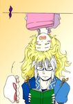  1girl =_= blonde_hair blush_stickers book choker commentary_request gap glasses hat hat_removed headwear_removed morichika_rinnosuke semi-rimless_eyewear so-men touhou under-rim_eyewear white_hair yakumo_yukari yellow_eyes 