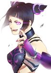  1girl armpits bare_shoulders breasts capcom covered_nipples erect_nipples fingernails gloves han_juri highres lipstick long_hair makeup purple_eyes purple_hair samidarekyou sideboob solo street_fighter street_fighter_iv teeth twintails 