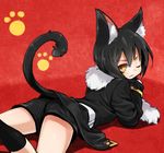  1boy agemono animal_ears black_hair cat_ears cat_tail coat fur_trim looking_back lying on_stomach original paw_print red_background short_hair shorts simple_background slit_pupils smile socks tail wink 