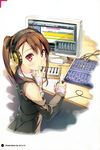  absurdres brown_hair computer detached_sleeves headphones highres instrument jacket kantoku keyboard_(instrument) mixing_console monitor mouse_(computer) music original playing_instrument red_eyes solo sweater synthesizer table turtleneck twintails 