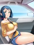  bare_shoulders between_breasts blue_hair breasts car car_interior commentary denim denim_shorts green_eyes ground_vehicle gundam gundam_build_fighters impossible_clothes impossible_sweater iori_rinko large_breasts long_hair looking_at_viewer mature motor_vehicle off-shoulder_sweater ponytail rear-view_mirror ribbed_sweater scrunchie seatbelt shorts sitting solo strap_cleavage sweater thighs yusukesan 
