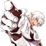  armor breastplate buront elf elvaan final_fantasy final_fantasy_xi gloves open_mouth pointing pointy_ears red_eyes short_hair silver_hair sumi_keiichi teeth transparent_background upper_body 