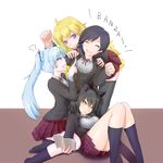  4girls black_hair blake_belladonna blonde_hair book eyes_closed mossya multiple_girls ruby_rose rwby school_uniform smile weiss_schnee white_hair yang_xiao_long 