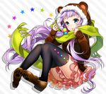  animal_hood bear_hood black_legwear blue_eyes blush green_scarf hair_ornament hood long_hair open_mouth original purple_hair scarf shoes sitting skirt solo sweater thighhighs yuzuki_kihiro 