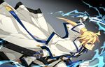  blonde_hair blue_eyes capelet electricity fingerless_gloves gloves guilty_gear guilty_gear_xrd highres ky_kiske long_coat long_hair male_focus min_(minyinr) ponytail solo sword weapon 