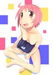  ahoge barefoot blush breasts competition_school_swimsuit downblouse doyagao feet highres nipples nonohara_yuzuko one-piece_swimsuit pink_eyes pink_hair school_swimsuit small_breasts smug solo swimsuit swimsuit_pull wa_(genryusui) yuyushiki 