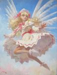  blonde_hair blue_hair blue_sky bow calligraphy_brush_(medium) capelet dress fairy_wings flying hat hat_bow highres lily_white long_hair long_sleeves misawa_hiroshi oil_painting_(medium) sash sky solo touhou traditional_media white_dress wide_sleeves wings 