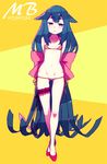  absurdly_long_hair aqua_hair ass_visible_through_thighs bikini blue_hair bow character_name flat_chest frills full_body gatchaman_crowds hair_bow hair_flaps halter_top halterneck highres hijiri_rei leg_garter long_hair looking_at_viewer lowleg lowleg_bikini micro_bikini navel no_socks panties red_footwear side-tie_bikini side-tie_panties solo swimsuit thick_eyebrows underwear utsutsu very_long_hair yellow_background 