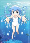  absurdres blue_eyes blue_hair fish grin highres ikamusume long_hair looking_at_viewer one-piece_swimsuit open_mouth rokushaku_neko shinryaku!_ikamusume smile swimsuit tentacle_hair underwater white_swimsuit 