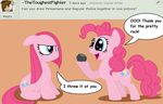  cutie_mark dialog dual_persona duo english_text equine female feral friendship_is_magic fur hair horse mammal my_little_pony pink_fur pink_hair pinkamena_(mlp) pinkie_pie_(mlp) pony pupster0071 rock square_crossover text 