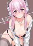  bikini black_legwear blush body_writing breasts cleavage cover headphones large_breasts long_hair looking_at_viewer miyamoto_issa multicolored multicolored_stripes nitroplus pink_eyes pink_hair shiny shiny_skin skindentation smile solo striped striped_bikini super_sonico swimsuit thighhighs 