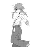  greyscale inazuma_eleven_(series) inazuma_eleven_go japanese_clothes kirino_ranmaru looking_at_viewer male_focus monochrome one_eye_closed riyu_(yulevy) simple_background solo twintails white_background 