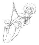  arms_behind_back bdsm blindfold bondage bound bound_ankles bound_feet bound_wrists breast_bondage breasts covered_nipples crotch_rope gag gagged greyscale hair_ornament hairclip highres hogtie improvised_gag large_breasts lineart mahou_shoujo_madoka_magica maullarmaullar miki_sayaka monochrome one-piece_swimsuit pussy_juice rope school_swimsuit shibari short_hair solo suspension swimsuit tape tape_gag thighhighs 