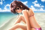  amagami back beach bikini blush brown_eyes brown_hair close-up cloud day looking_at_viewer looking_back ocean outdoors pink_bikini sakurai_rihoko short_hair sitting sky solo swimsuit tooi_aoiro 