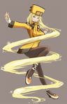  black_legwear blonde_hair blue_eyes breasts elsen fingerless_gloves gloves grey_background guilty_gear guilty_gear_xrd hat jacket large_breasts long_hair millia_rage orange_hat pantyhose platform_footwear platform_heels prehensile_hair skirt solo taut_clothes very_long_hair 