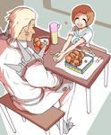  1girl blue_sailor_collar brown_hair chopsticks closed_eyes croquette food funp710 gamagoori_ira heart kill_la_kill mankanshoku_mako obentou sailor_collar sitting smile table thermos 