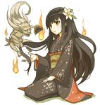  black_hair black_kimono fire flame flower hair_flower hair_ornament horns japanese_clothes kimono loincloth long_hair obi oni original red_eyes sash seiza senhappyaku sitting solo 