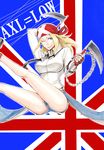  ;) axl_low bandana bare_legs blonde_hair blue_eyes breasts chain character_name dual_wielding fingerless_gloves flag_background genderswap gloves guilty_gear highres holding kama_(weapon) konoe_(handmirror) large_breasts long_hair one_eye_closed short_shorts shorts sickle smile solo union_jack 