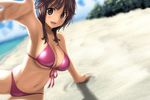  amagami arm_support beach bikini blush brown_eyes brown_hair close-up cloud day forest looking_at_viewer lying nature ocean on_side open_mouth outdoors pink_bikini sakurai_rihoko short_hair sky smile solo swimsuit tooi_aoiro 