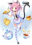  ahoge animal_ears bell blush cat_ears cat_tail choker copyright_name cup dress fang food fruit full_body hair_ribbon jingle_bell lemon lemon_slice mary_janes omurice pastry pink_eyes pink_hair ratise ribbon shoes short_hair socks solo standing standing_on_one_leg striped striped_legwear tail teacup teapot thighhighs tray two_side_up unleashed waitress wrist_cuffs zettai_ryouiki 