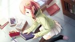  blush book bookshelf bow braid flower game_cg hair_bow hair_flower hair_ornament hood hoodie indoors kantoku official_art pink_eyes pink_hair side_braid skirt solo your_diary yua_(your_diary) 