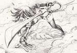  arm_support breasts copyright_name graphite_(medium) highres kill_la_kill kurose_kousuke matoi_ryuuko medium_breasts monochrome scissor_blade senketsu sketch solo sword thighhighs traditional_media underboob weapon 