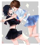  black_eyes black_hair blue_sailor_collar blue_skirt brown_hair gindoiv kill_la_kill mankanshoku_mako matoi_ryuuko multiple_girls sailor_collar school_uniform skirt smile 