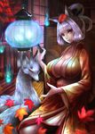  animal_ears bad_id bad_pixiv_id banned_artist breasts cleavage fox fox_ears highres huge_breasts kongiku long_hair oboro_muramasa red_eyes white_hair yazuwo 